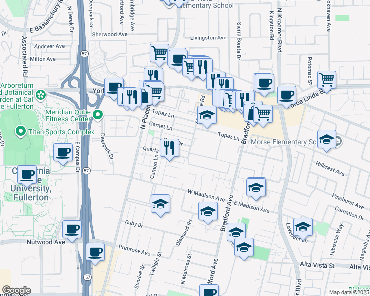 map of restaurants, bars, coffee shops, grocery stores, and more near 3166 Pearl Drive in Fullerton