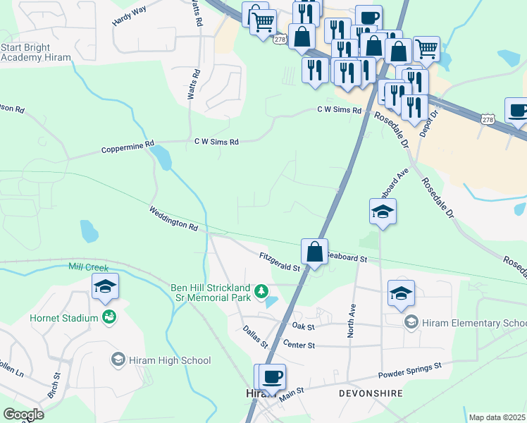 map of restaurants, bars, coffee shops, grocery stores, and more near 209 Denver Avenue in Hiram