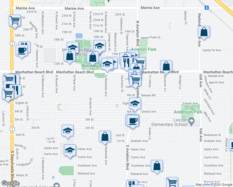 map of restaurants, bars, coffee shops, grocery stores, and more near 1741 9th Street in Manhattan Beach