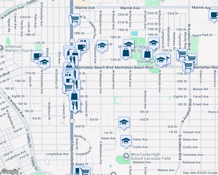 map of restaurants, bars, coffee shops, grocery stores, and more near 1331 9th Street in Manhattan Beach