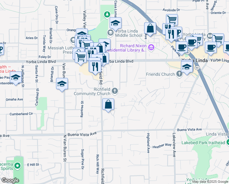 map of restaurants, bars, coffee shops, grocery stores, and more near 17722 Calgary Avenue in Yorba Linda