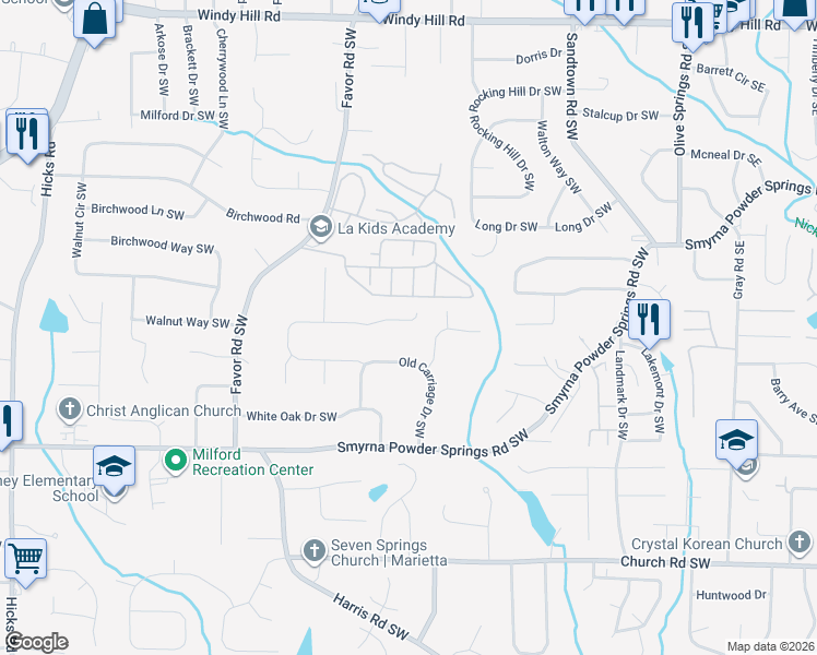 map of restaurants, bars, coffee shops, grocery stores, and more near 616 Shay Drive Southwest in Marietta