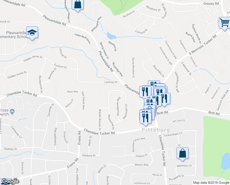 map of restaurants, bars, coffee shops, grocery stores, and more near 3292 Westmart Lane in Doraville