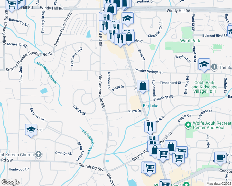 map of restaurants, bars, coffee shops, grocery stores, and more near 2831 Ivanhoe Lane in Smyrna