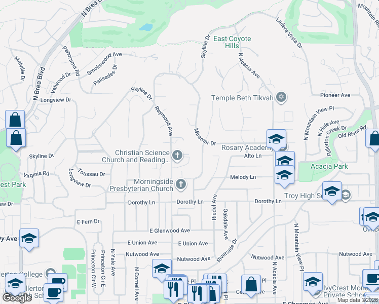 map of restaurants, bars, coffee shops, grocery stores, and more near 1320 North Raymond Avenue in Fullerton