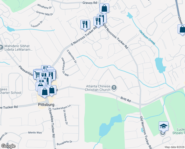 map of restaurants, bars, coffee shops, grocery stores, and more near 6687 Gunstock Lane in Tucker