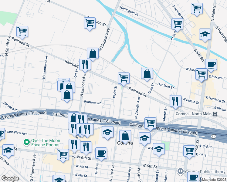 map of restaurants, bars, coffee shops, grocery stores, and more near 228 Violet Street in Corona