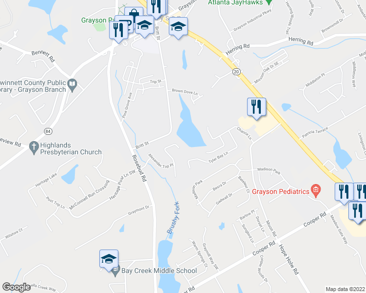 map of restaurants, bars, coffee shops, grocery stores, and more near 2189 Arlington Walk Lane in Grayson