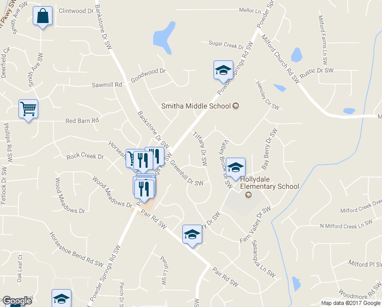 map of restaurants, bars, coffee shops, grocery stores, and more near 2820 Hollydale Court South West in Marietta