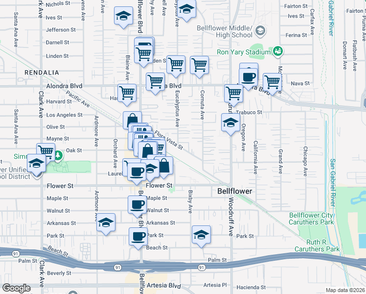 map of restaurants, bars, coffee shops, grocery stores, and more near 10013 Flora Vista Street in Bellflower