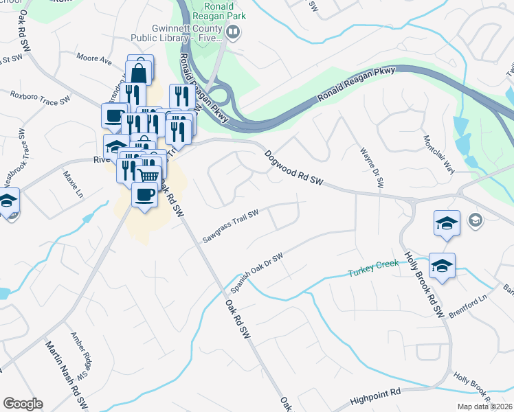 map of restaurants, bars, coffee shops, grocery stores, and more near 2885 Sawgrass Trail Southwest in Lilburn