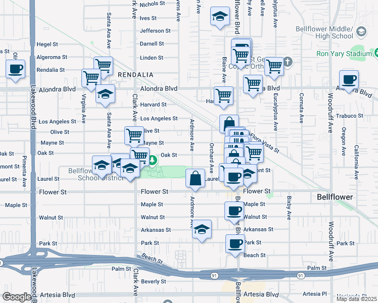 map of restaurants, bars, coffee shops, grocery stores, and more near 9569 Oak Street in Bellflower