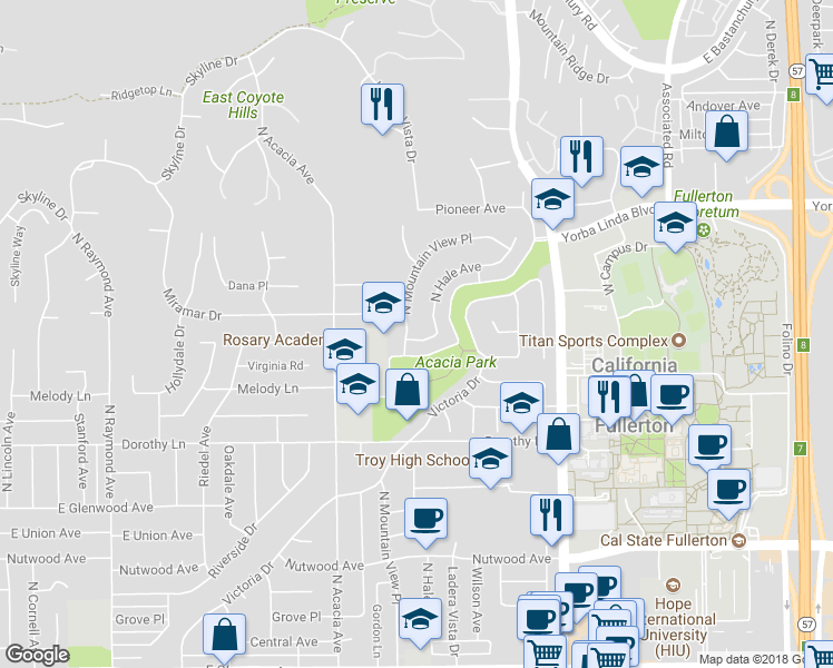 map of restaurants, bars, coffee shops, grocery stores, and more near 1616 North Mountain View Place in Fullerton