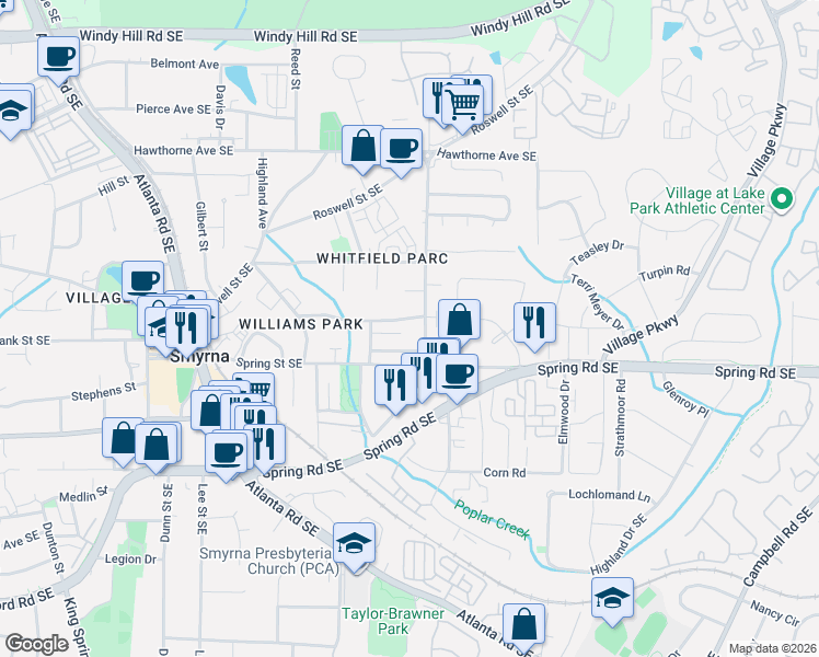 map of restaurants, bars, coffee shops, grocery stores, and more near 2775 Mathews Street in Smyrna