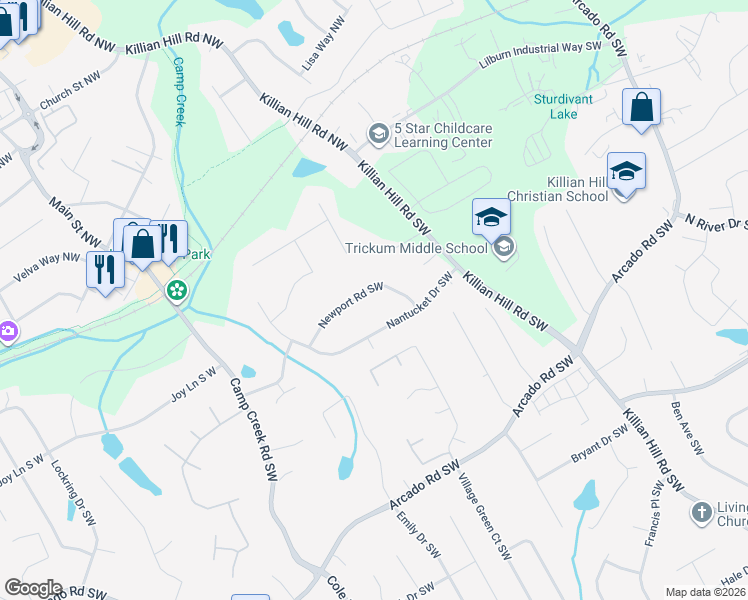 map of restaurants, bars, coffee shops, grocery stores, and more near 203 Newport Road Southwest in Lilburn