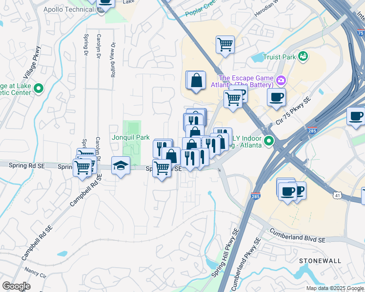 map of restaurants, bars, coffee shops, grocery stores, and more near 2791 Woodland Terrace in Smyrna