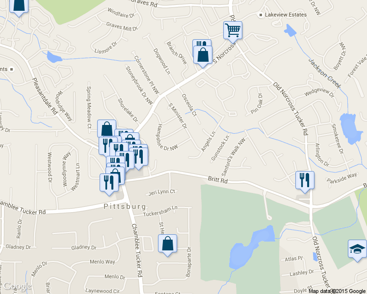 map of restaurants, bars, coffee shops, grocery stores, and more near 6736 Hampshire Dr NW in Tucker