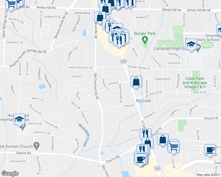 map of restaurants, bars, coffee shops, grocery stores, and more near 2831 Ivanhoe Lane in Smyrna