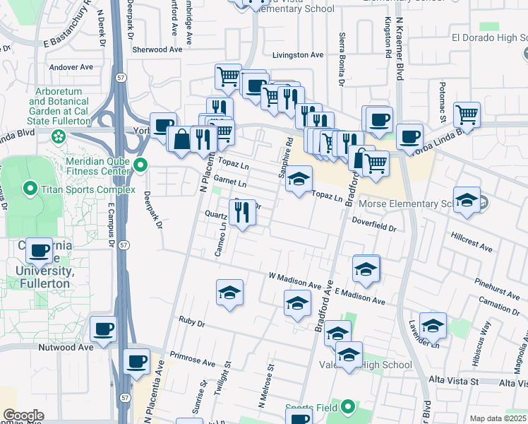 map of restaurants, bars, coffee shops, grocery stores, and more near 3166 Pearl Drive in Fullerton