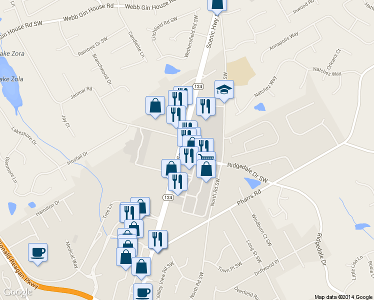map of restaurants, bars, coffee shops, grocery stores, and more near 1615 Scenic Highway South in Snellville