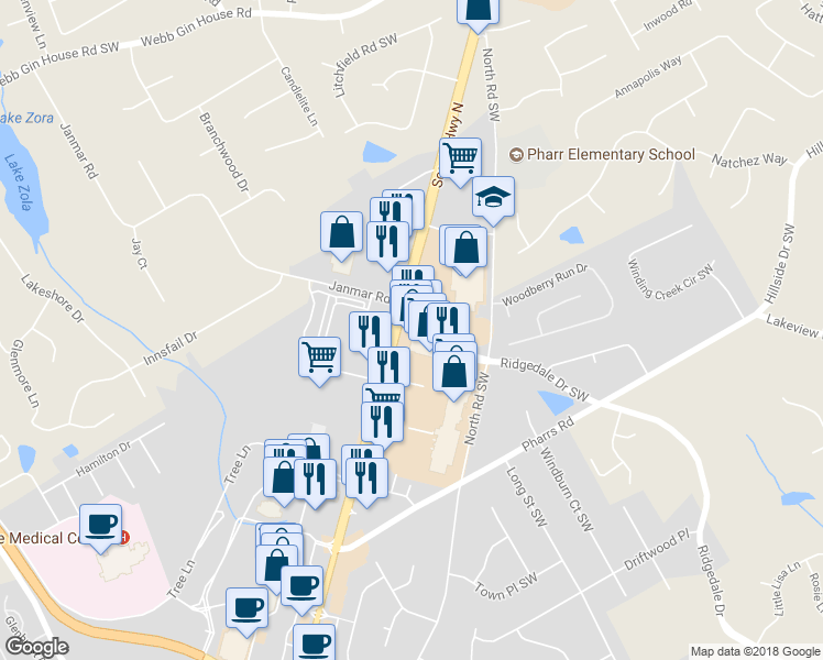 map of restaurants, bars, coffee shops, grocery stores, and more near 1630 Scenic Highway in Snellville
