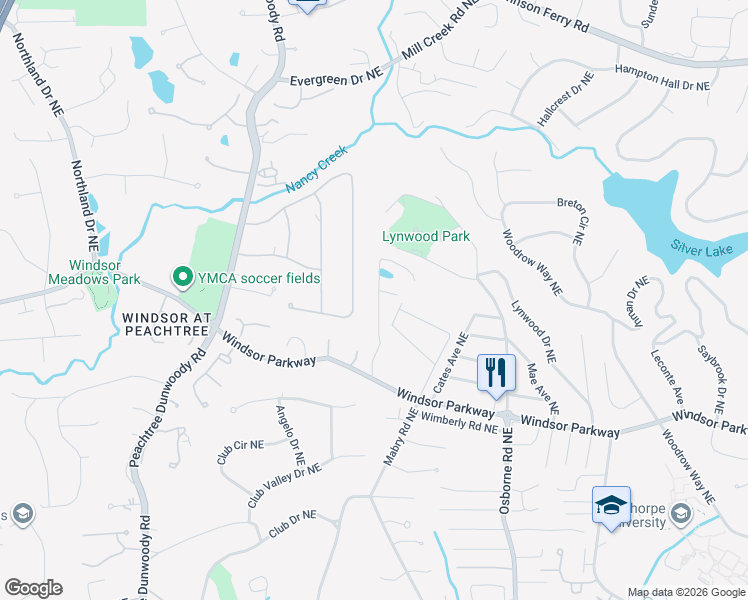 map of restaurants, bars, coffee shops, grocery stores, and more near 3224 Windsor Lake Drive Northeast in Atlanta