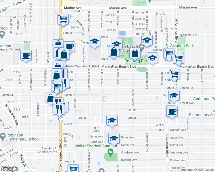 map of restaurants, bars, coffee shops, grocery stores, and more near 1421 9th Street in Manhattan Beach