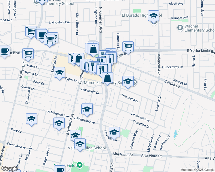 map of restaurants, bars, coffee shops, grocery stores, and more near 1292 North Kraemer Boulevard in Placentia