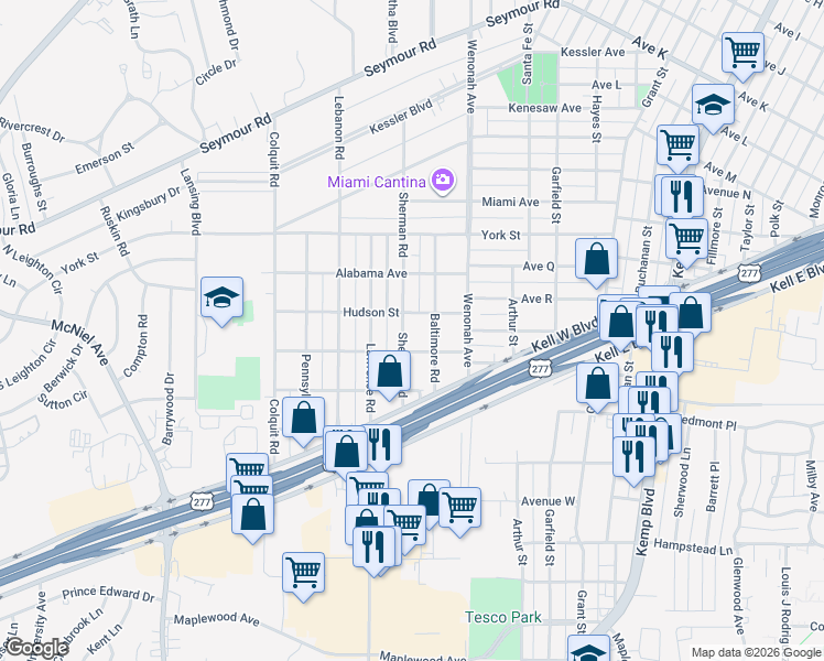 map of restaurants, bars, coffee shops, grocery stores, and more near 2807 Sherman Road in Wichita Falls