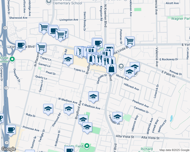 map of restaurants, bars, coffee shops, grocery stores, and more near 185 Doverfield Drive in Placentia