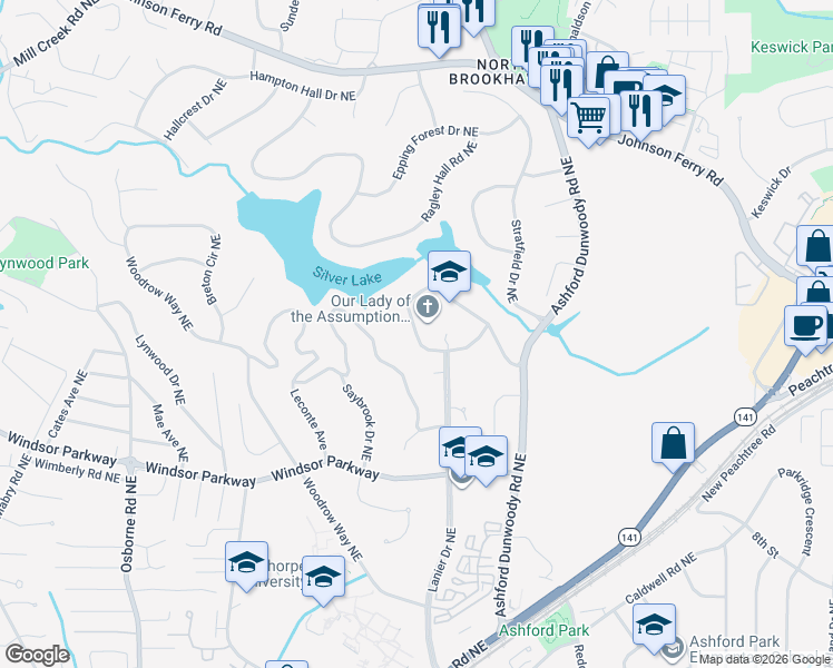 map of restaurants, bars, coffee shops, grocery stores, and more near 1406 Hearst Drive Northeast in Atlanta