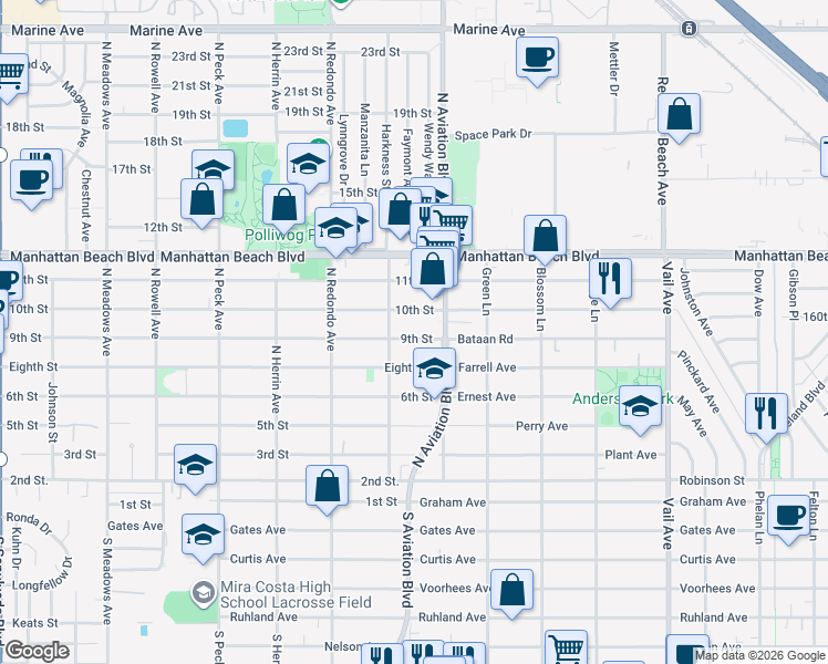 map of restaurants, bars, coffee shops, grocery stores, and more near 1827 9th Street in Manhattan Beach