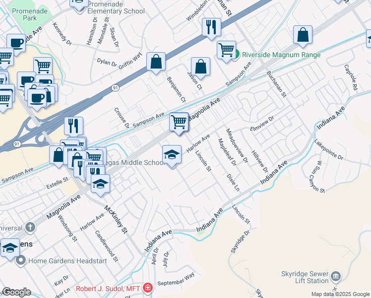 map of restaurants, bars, coffee shops, grocery stores, and more near 12725 Harlow Avenue in Riverside