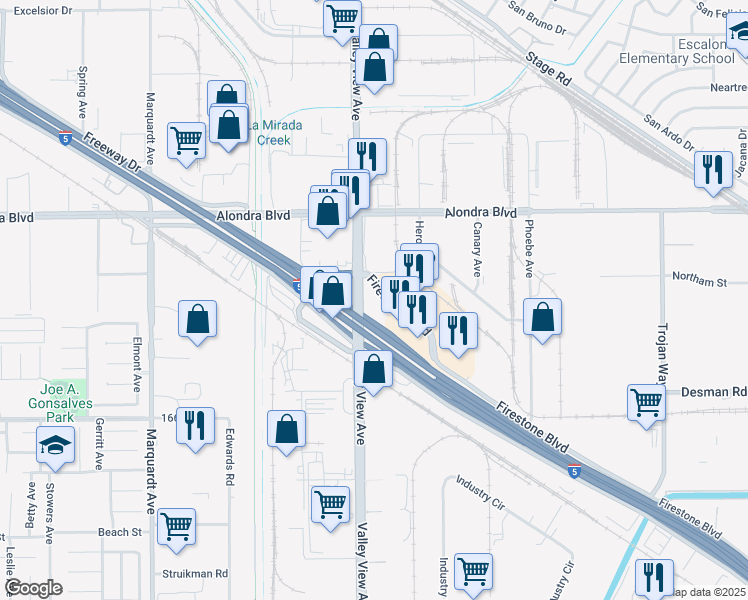 map of restaurants, bars, coffee shops, grocery stores, and more near 14241 Firestone Boulevard in La Mirada
