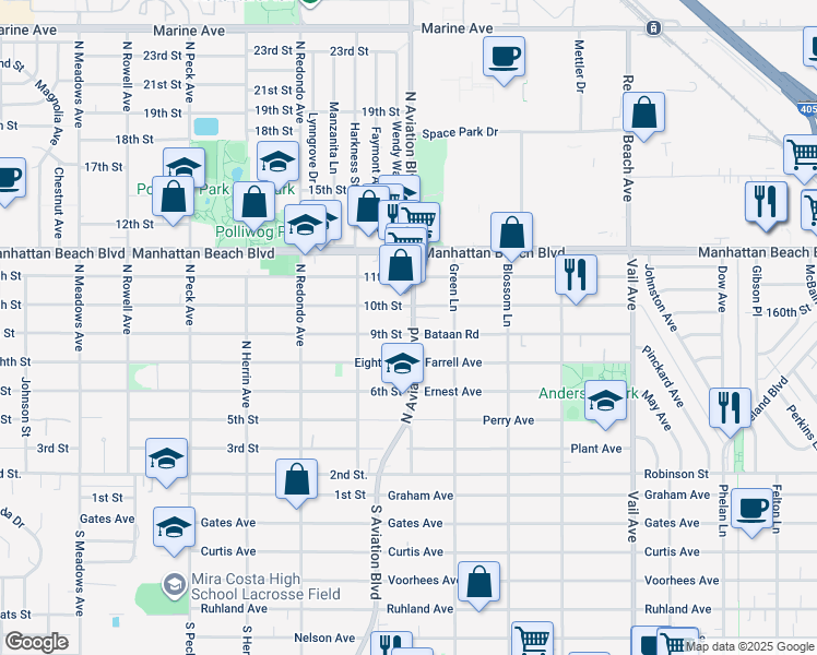 map of restaurants, bars, coffee shops, grocery stores, and more near 1903 Bataan Road in Redondo Beach