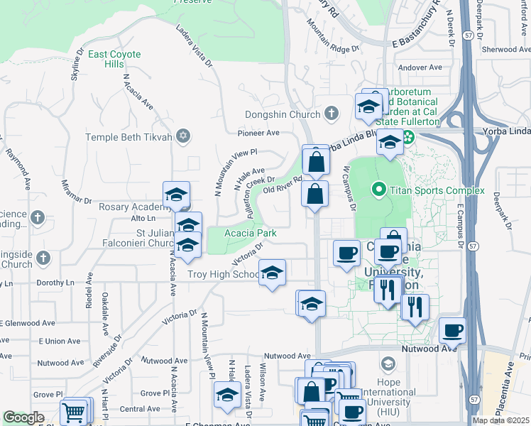 map of restaurants, bars, coffee shops, grocery stores, and more near 1420 Old River Road in Fullerton