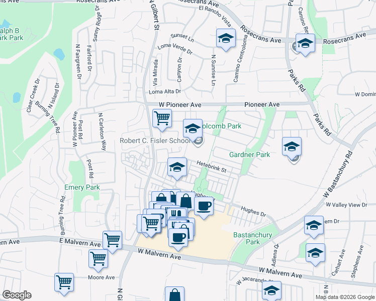 map of restaurants, bars, coffee shops, grocery stores, and more near 1350 Starbuck Street in Fullerton