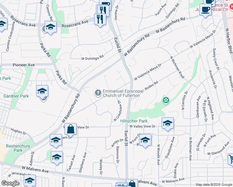 map of restaurants, bars, coffee shops, grocery stores, and more near 1062 West Valencia Mesa Drive in Fullerton