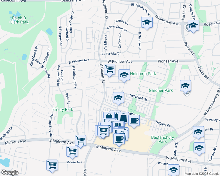 map of restaurants, bars, coffee shops, grocery stores, and more near 2252 Schlaepfer Drive in Fullerton