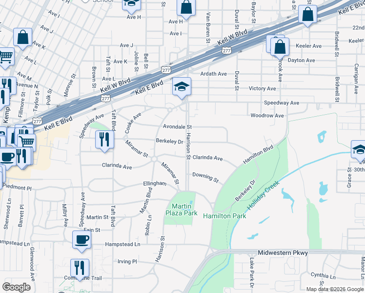 map of restaurants, bars, coffee shops, grocery stores, and more near 2101 Berkeley Drive in Wichita Falls