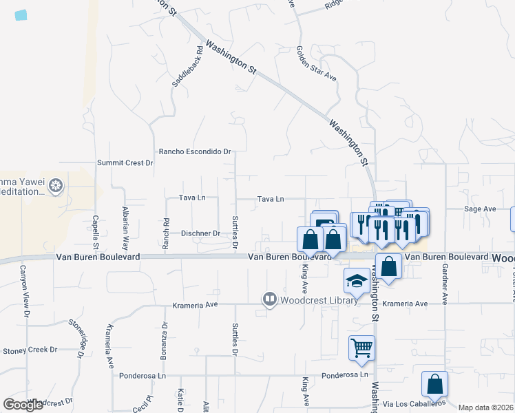 map of restaurants, bars, coffee shops, grocery stores, and more near 16563 Tava Lane in Riverside