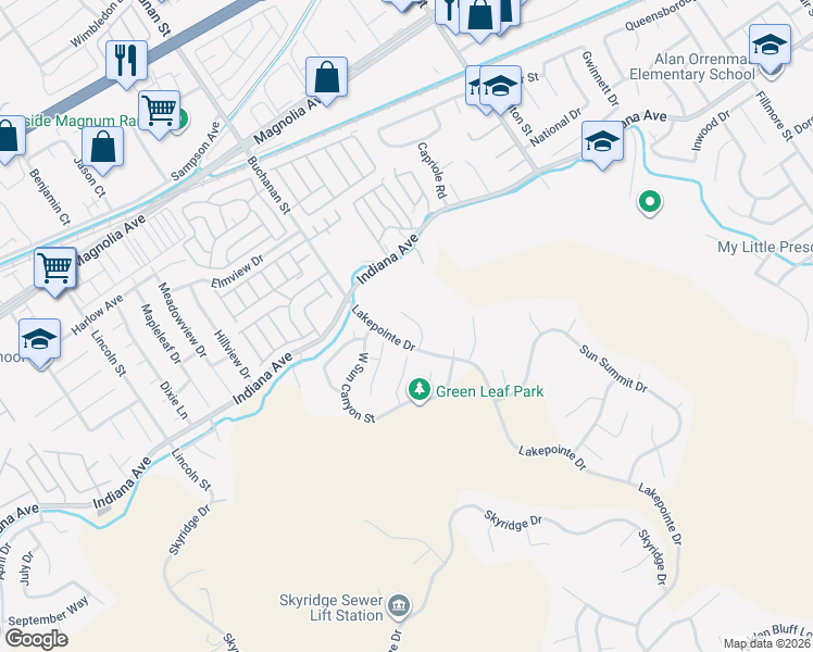 map of restaurants, bars, coffee shops, grocery stores, and more near 16155 Setting Sun Circle in Riverside