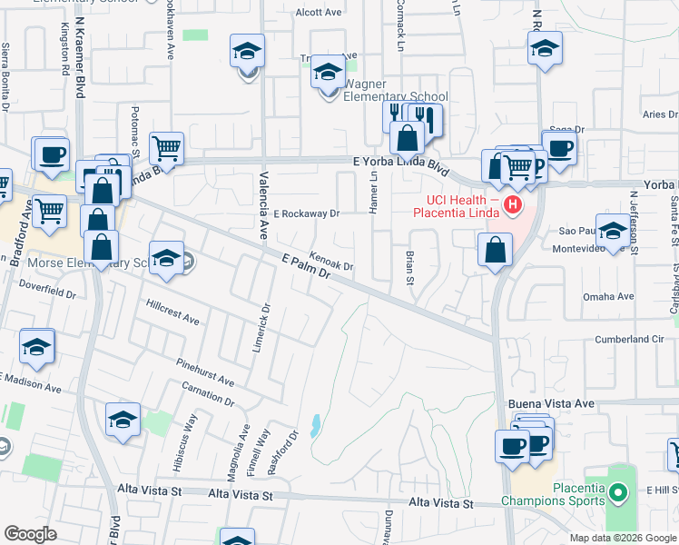 map of restaurants, bars, coffee shops, grocery stores, and more near 718 Kenoak Drive in Placentia