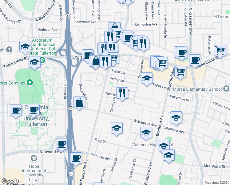 map of restaurants, bars, coffee shops, grocery stores, and more near 3101 Quartz Lane in Fullerton