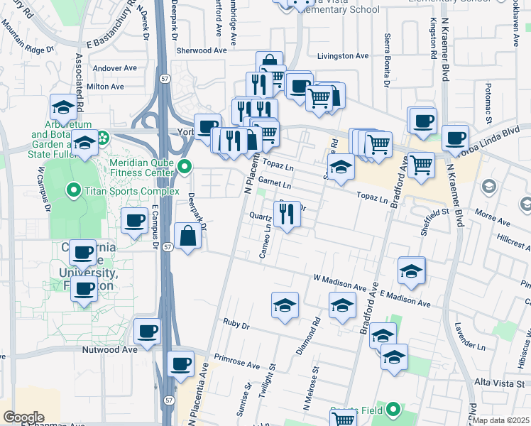 map of restaurants, bars, coffee shops, grocery stores, and more near 3101 Quartz Lane in Fullerton