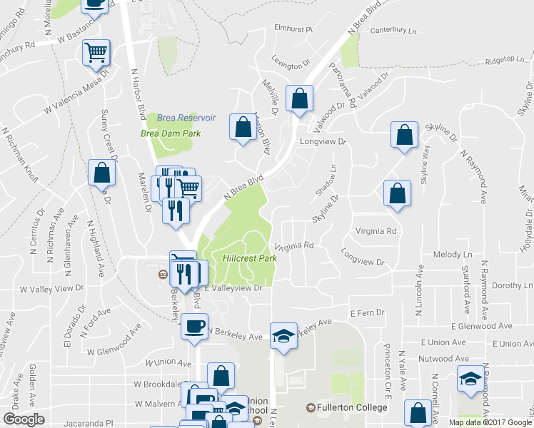 map of restaurants, bars, coffee shops, grocery stores, and more near 1320 Shadow Lane in Fullerton