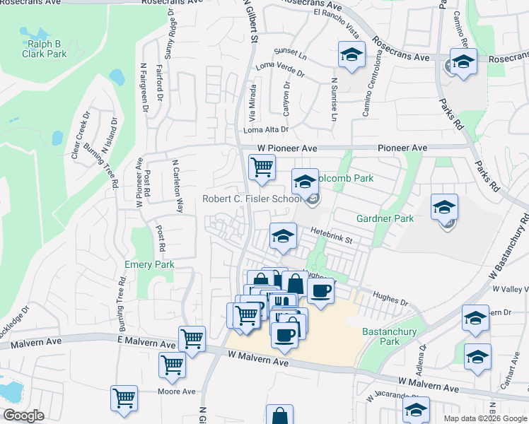 map of restaurants, bars, coffee shops, grocery stores, and more near 2240 Schlaepfer Drive in Fullerton