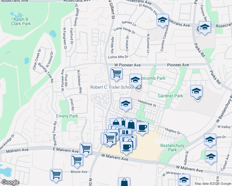 map of restaurants, bars, coffee shops, grocery stores, and more near 2240 Schlaepfer Drive in Fullerton