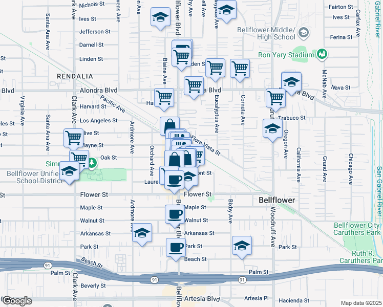 map of restaurants, bars, coffee shops, grocery stores, and more near 9924 Flora Vista Street in Bellflower