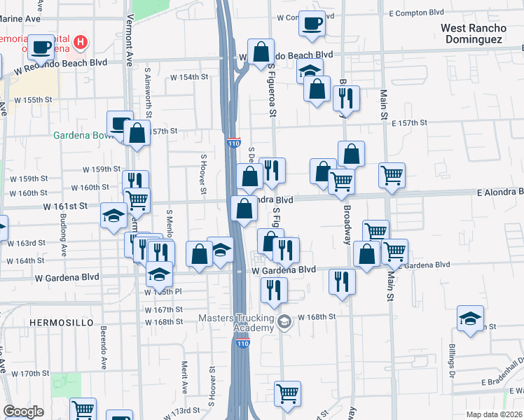 map of restaurants, bars, coffee shops, grocery stores, and more near 16111 South Denver Avenue in Gardena